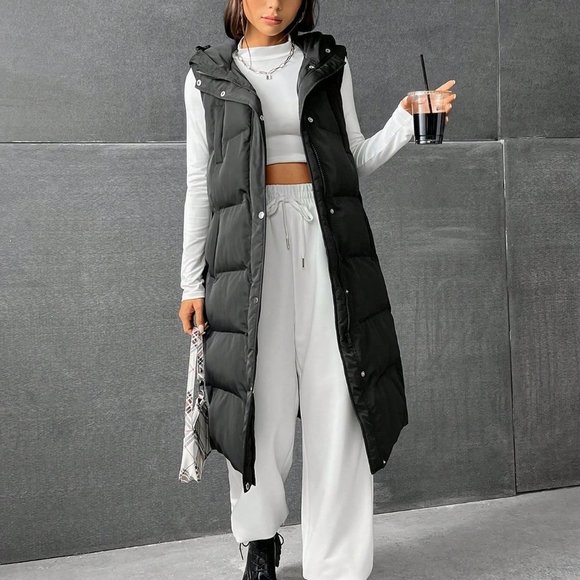 . Jackets & Blazers - Black Preppy Womens Zip Up Snap Button Drawstring Hooded Puffer Vest Coat